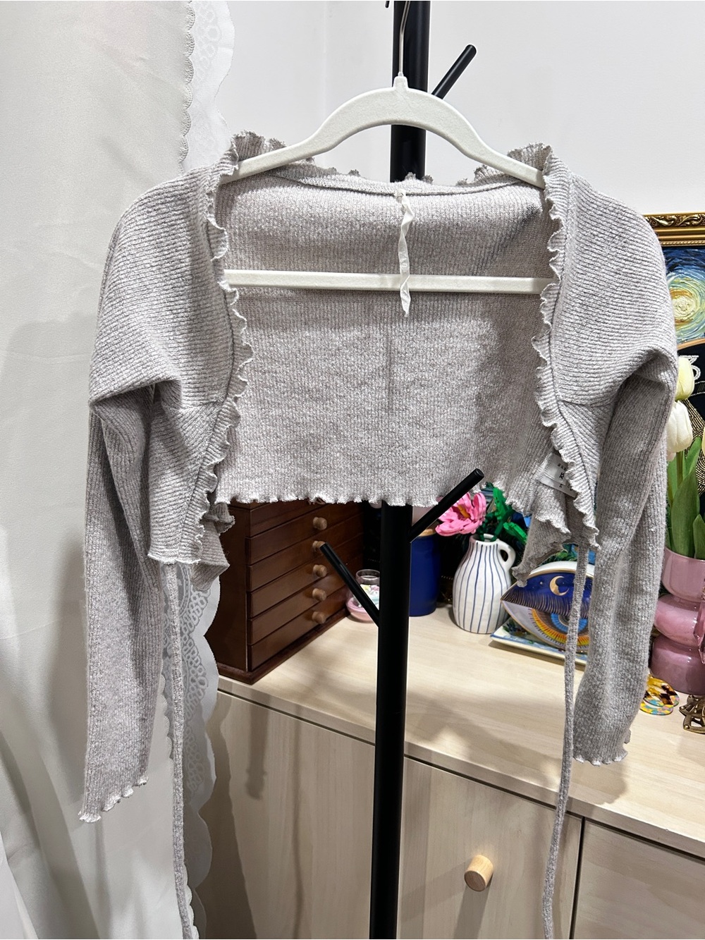 Are you am I Light Gray Ruffle-Trim Crop Cardigan Sweater